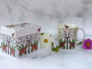 Kaffeebecher Elefanten & Pfauen 400ml Porzellanefanten   auf türkisem Mandala-Hintergrund